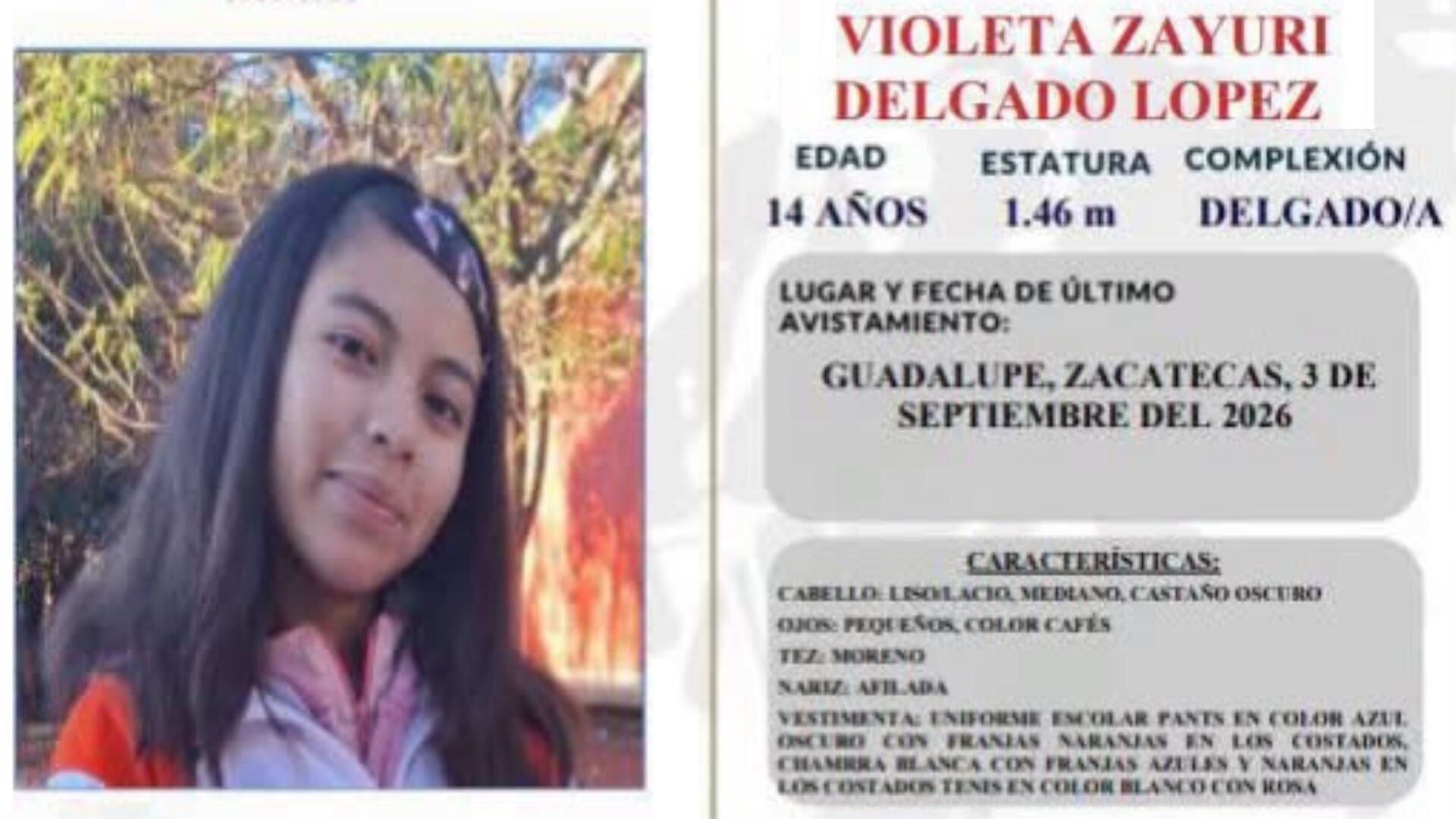  ¿La has visto? Activan boletín de búsqueda de menor de 14 años desaparecida en Guadalupe, Zacatecas