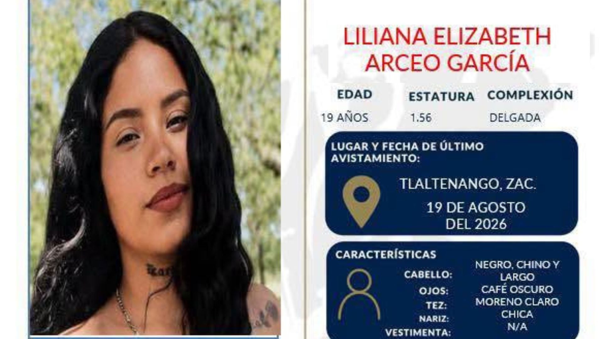  ¿La has visto? Activan boletín de búsqueda de joven de 19 años desaparecida en Tlaltenango, Zacatecas