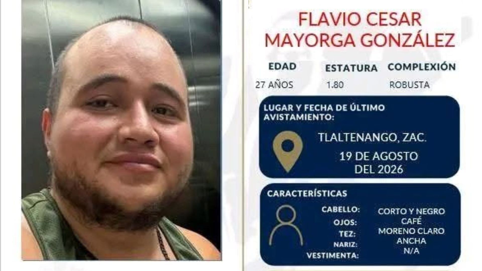 ¿Lo has visto? Estos son los datos de un joven de 27 años desaparecido en Tlaltenango, Zacatecas 