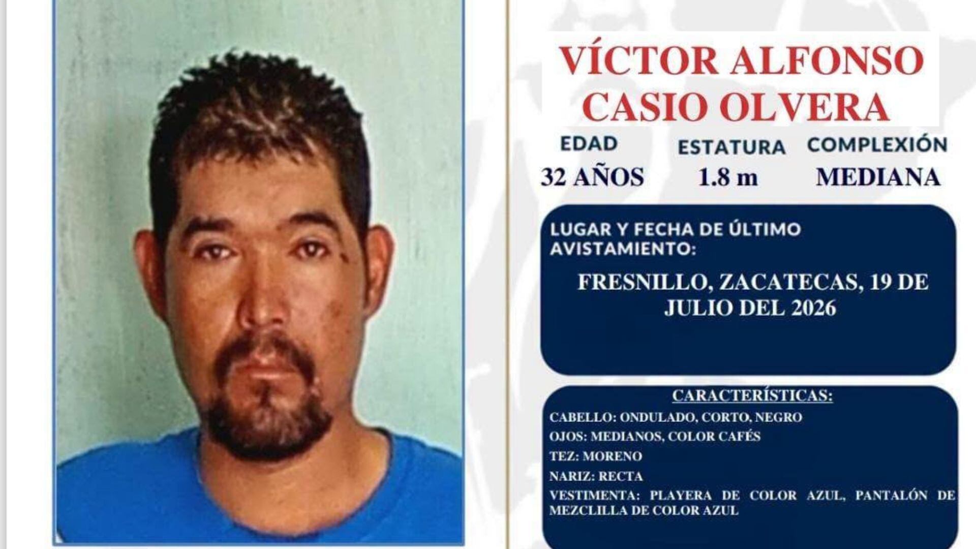Hombre 32 años desaparecido en Fresnillo
