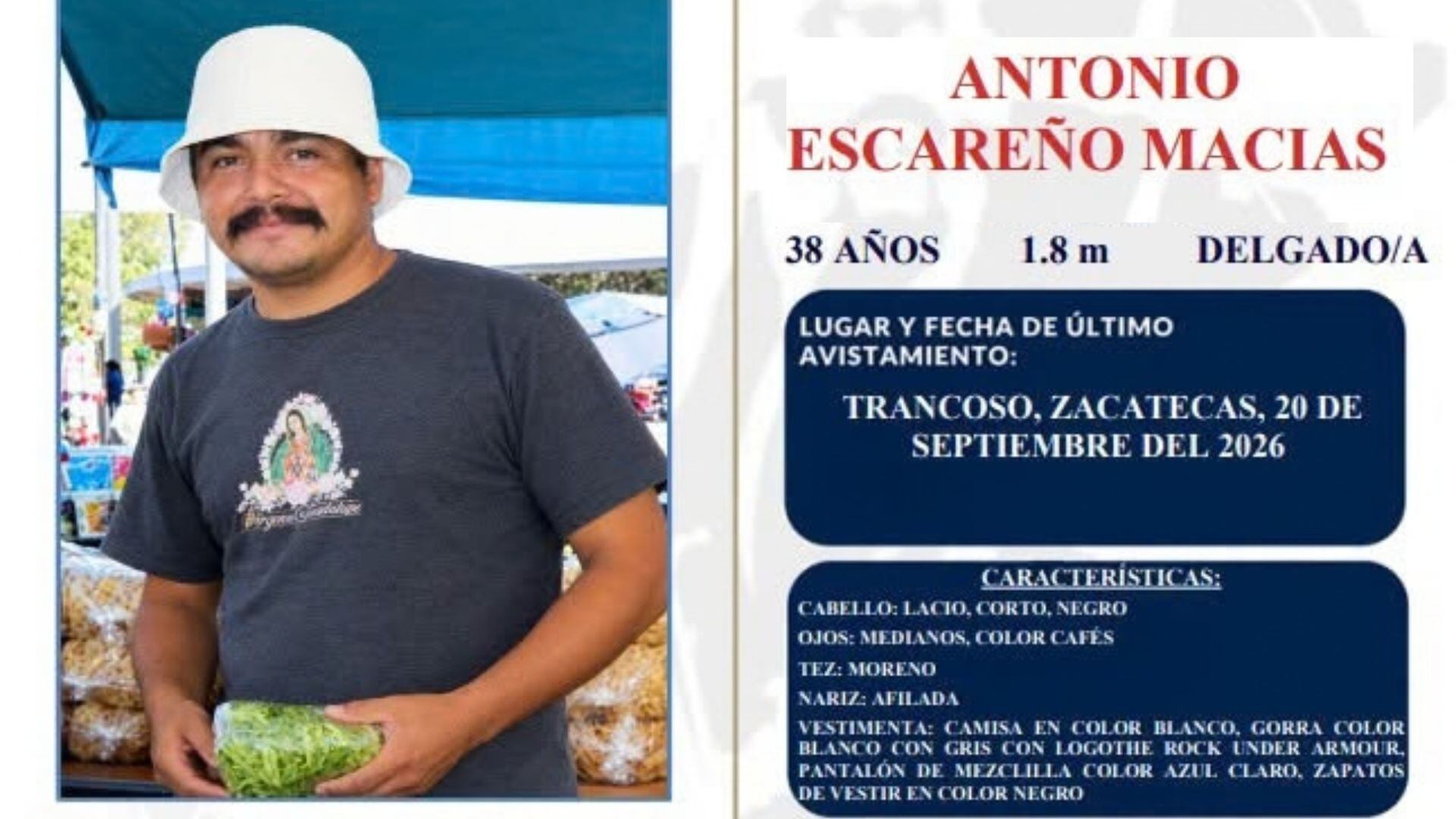  ¿Lo has visto? Activan boletín de búsqueda de hombre de 38 años desaparecido en Trancoso, Zacatecas